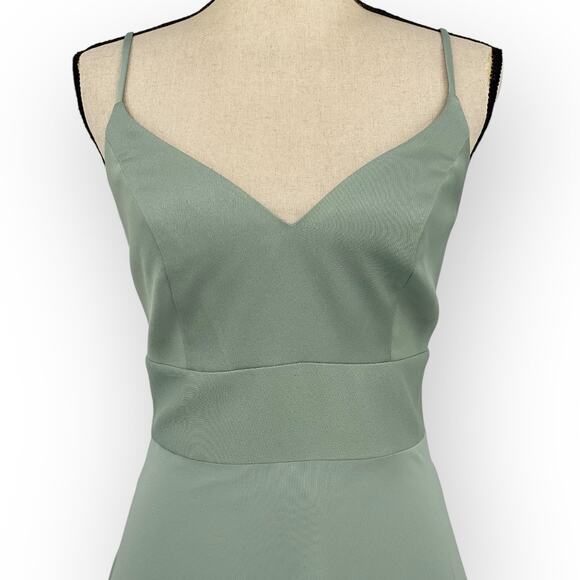 David's Bridal Spaghetti Strap Crepe-Back Satin Dress in Dusty Sage - Picture 7 of 13